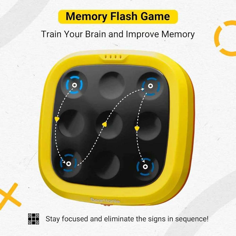 BearHonie 4-in-1 Electronic Tic Tac Toe Game, Rechargeable Handheld Board Game for Boys and Girls, with Sequence Memory Game Mode for Travel, car Ride, Kids Birthday Gifts, Yellow - Image 3
