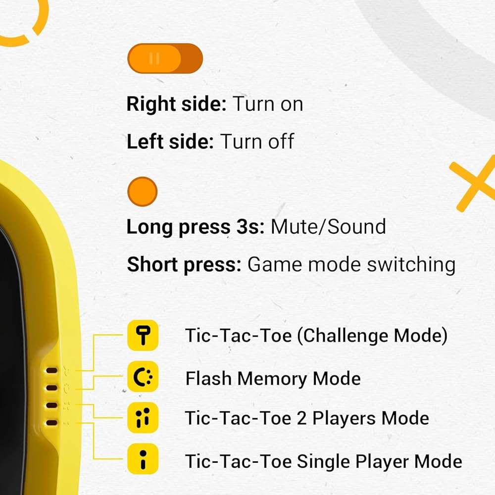 BearHonie 4-in-1 Electronic Tic Tac Toe Game, Rechargeable Handheld Board Game for Boys and Girls, with Sequence Memory Game Mode for Travel, car Ride, Kids Birthday Gifts, Yellow - Image 8