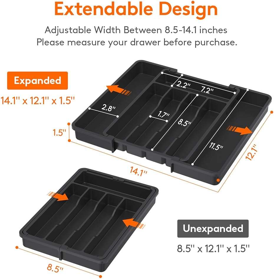 Lifewit Expandable Silverware Organizer, Plastic Utensil Tray for Kitchen Drawer, BPA Free Flatware Cutlery Holder, Space-Saving Storage for Spoons Forks Knives, 8.5-14 x 12 x 1.5 inch, Black - Image 2
