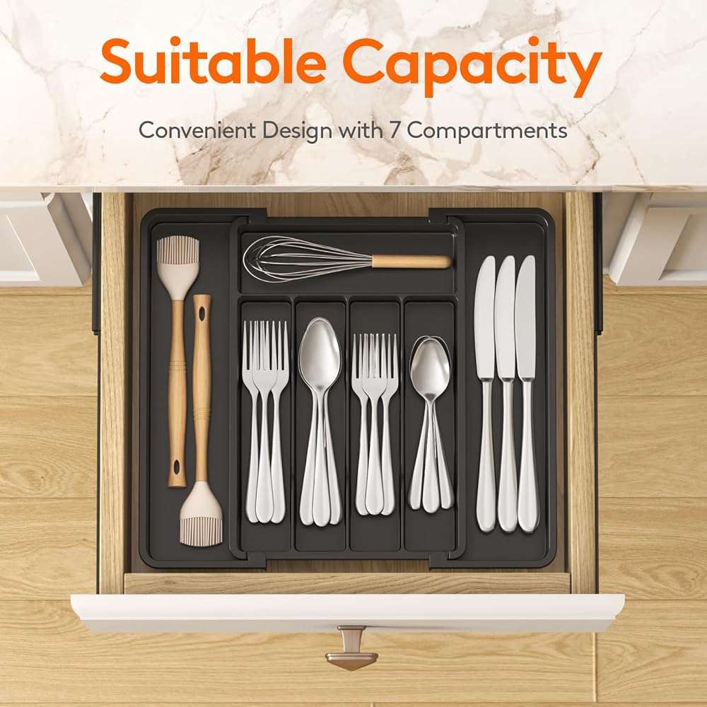 Lifewit Expandable Silverware Organizer, Plastic Utensil Tray for Kitchen Drawer, BPA Free Flatware Cutlery Holder, Space-Saving Storage for Spoons Forks Knives, 8.5-14 x 12 x 1.5 inch, Black - Image 3