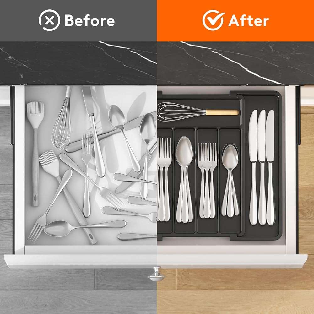 Lifewit Expandable Silverware Organizer, Plastic Utensil Tray for Kitchen Drawer, BPA Free Flatware Cutlery Holder, Space-Saving Storage for Spoons Forks Knives, 8.5-14 x 12 x 1.5 inch, Black - Image 5