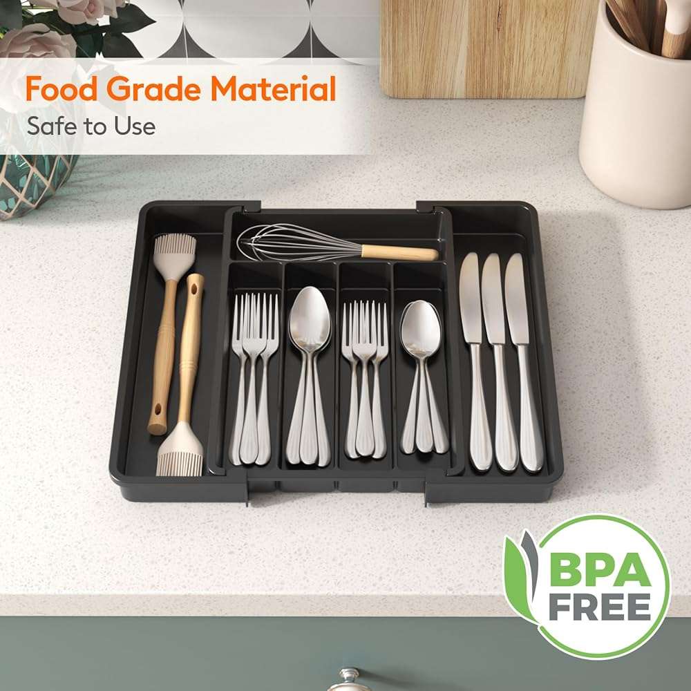 Lifewit Expandable Silverware Organizer, Plastic Utensil Tray for Kitchen Drawer, BPA Free Flatware Cutlery Holder, Space-Saving Storage for Spoons Forks Knives, 8.5-14 x 12 x 1.5 inch, Black - Image 7