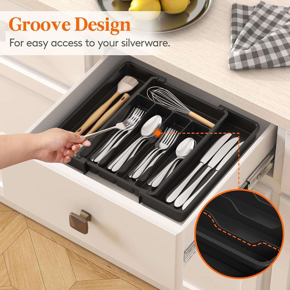 Lifewit Expandable Silverware Organizer, Plastic Utensil Tray for Kitchen Drawer, BPA Free Flatware Cutlery Holder, Space-Saving Storage for Spoons Forks Knives, 8.5-14 x 12 x 1.5 inch, Black - Image 8