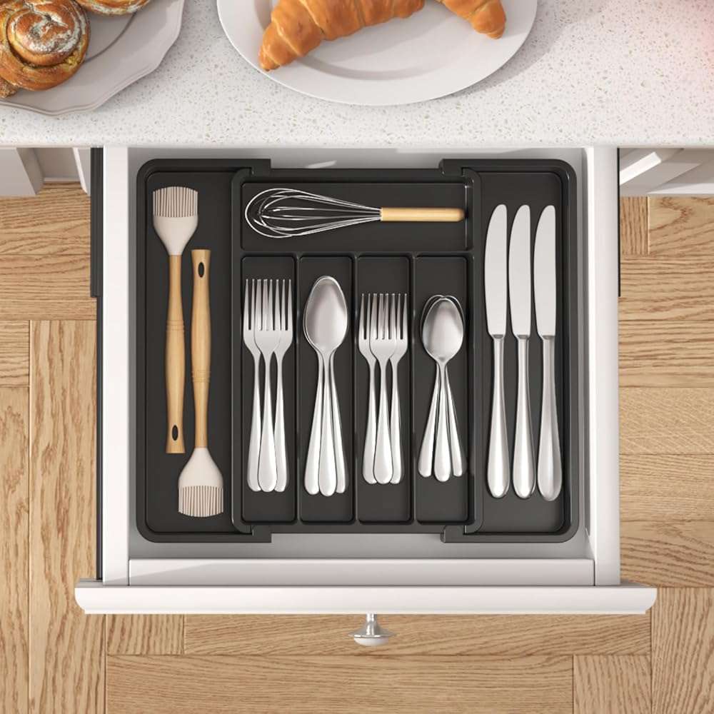 Lifewit Expandable Silverware Organizer, Plastic Utensil Tray for Kitchen Drawer, BPA Free Flatware Cutlery Holder, Space-Saving Storage for Spoons Forks Knives, 8.5-14 x 12 x 1.5 inch, Black - Image 9
