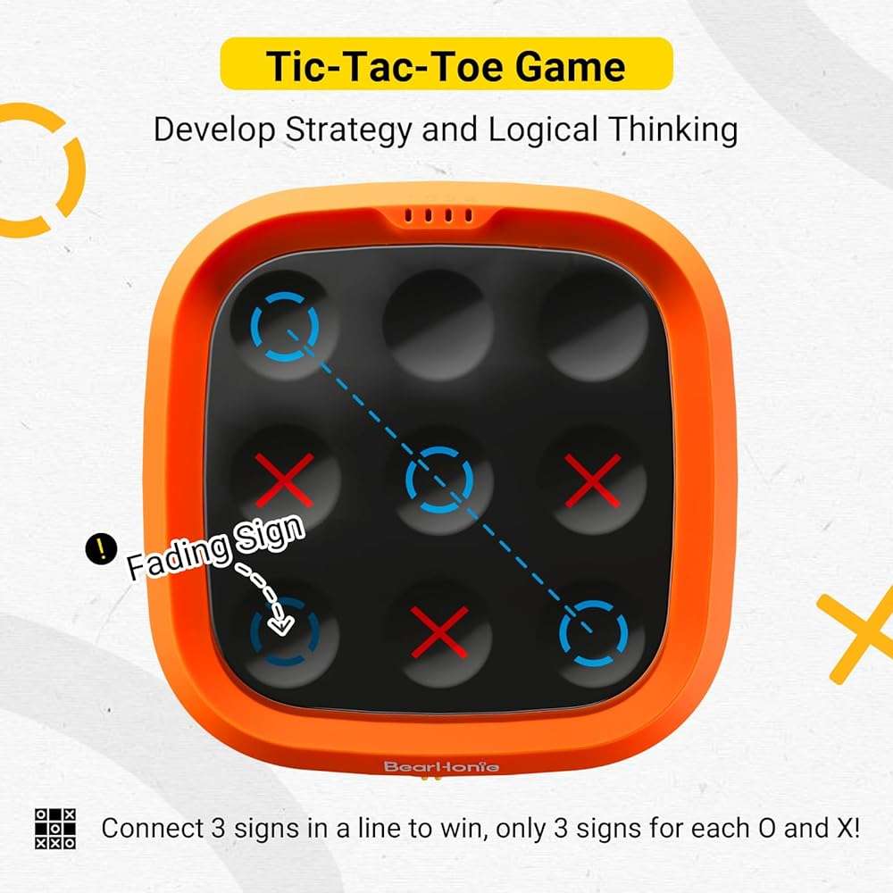 BearHonie Electronic Handheld Tic Tac Toe Game for Kids & Adults, 4 Game Modes with Sequence Memory Game, Rechargeable Smart Brain Teaser Travel Toy, Gifts for Boys and Girls, Orange - Image 2