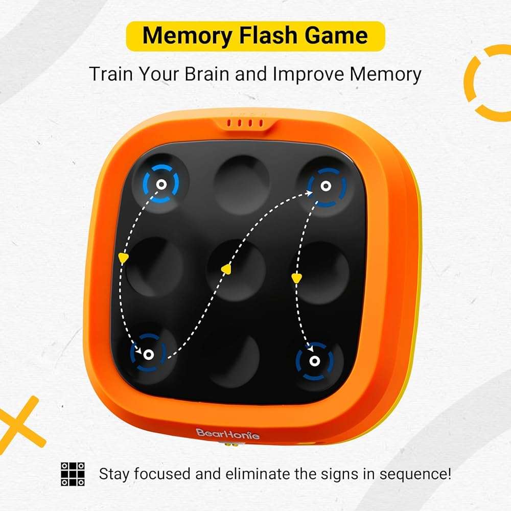 BearHonie Electronic Handheld Tic Tac Toe Game for Kids & Adults, 4 Game Modes with Sequence Memory Game, Rechargeable Smart Brain Teaser Travel Toy, Gifts for Boys and Girls, Orange - Image 3