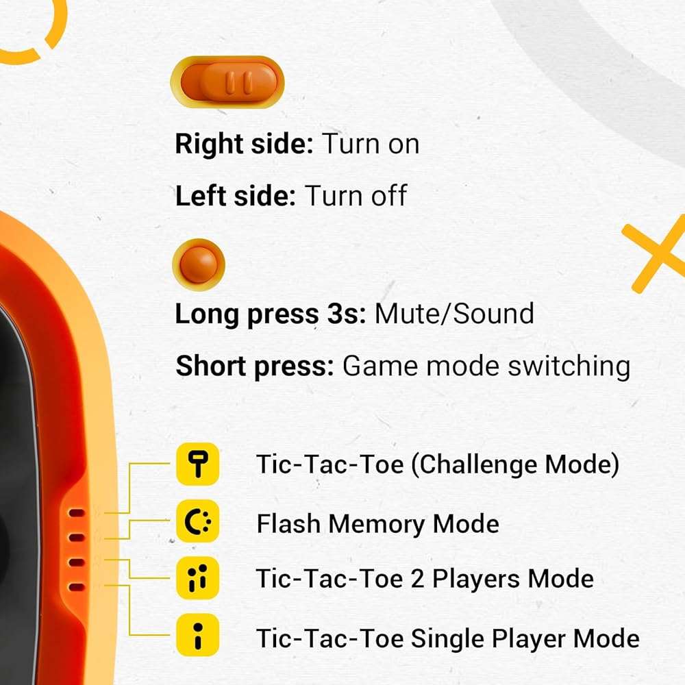 BearHonie Electronic Handheld Tic Tac Toe Game for Kids & Adults, 4 Game Modes with Sequence Memory Game, Rechargeable Smart Brain Teaser Travel Toy, Gifts for Boys and Girls, Orange - Image 9