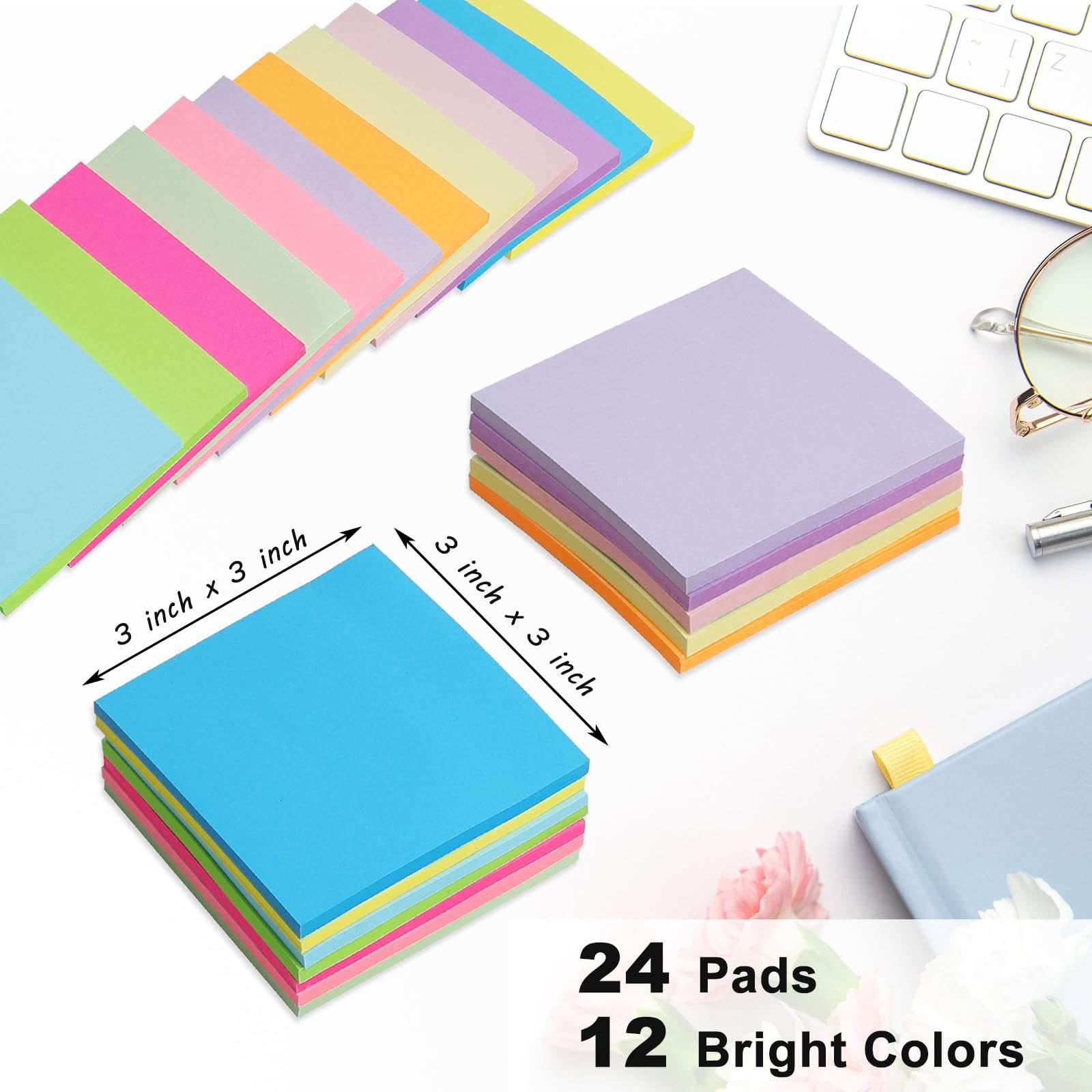 (24 Pack) Sticky Notes 3x3 in Post, 12 Bright Colors Sticky Note Self-Stick Notes Pads,Strong Adhesive, Easy to Post for Home, Office, Notebook - Image 4