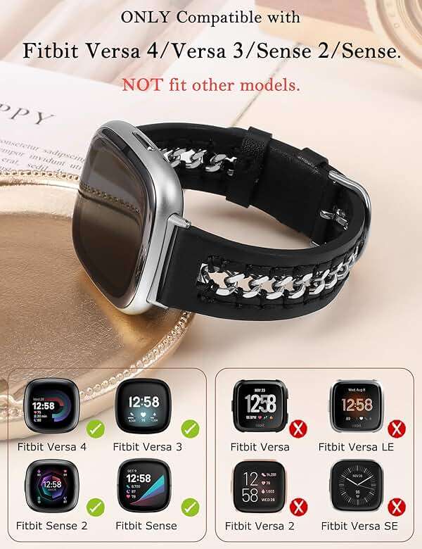 Minyee Leather Band Compatible with Fitbit Versa 4/3/Fitbit Sense 2/1 Bands Women, Dressy Premium Leather Designer Strap with Stainless Steel Metal Chain for Versa 3 4 Sense 2 Smartwatch - Image 2