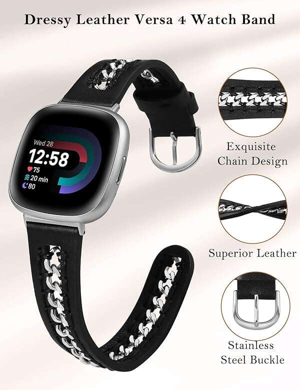 Minyee Leather Band Compatible with Fitbit Versa 4/3/Fitbit Sense 2/1 Bands Women, Dressy Premium Leather Designer Strap with Stainless Steel Metal Chain for Versa 3 4 Sense 2 Smartwatch - Image 3