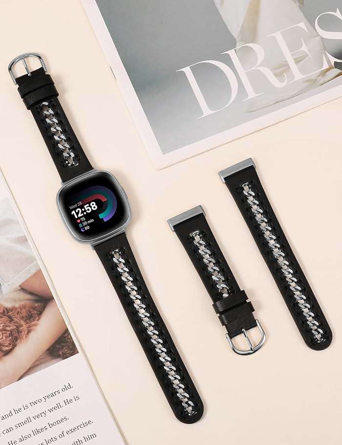Minyee Leather Band Compatible with Fitbit Versa 4/3/Fitbit Sense 2/1 Bands Women, Dressy Premium Leather Designer Strap with Stainless Steel Metal Chain for Versa 3 4 Sense 2 Smartwatch - Image 4