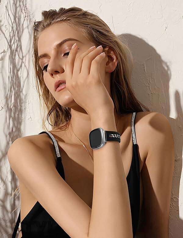 Minyee Leather Band Compatible with Fitbit Versa 4/3/Fitbit Sense 2/1 Bands Women, Dressy Premium Leather Designer Strap with Stainless Steel Metal Chain for Versa 3 4 Sense 2 Smartwatch - Image 6