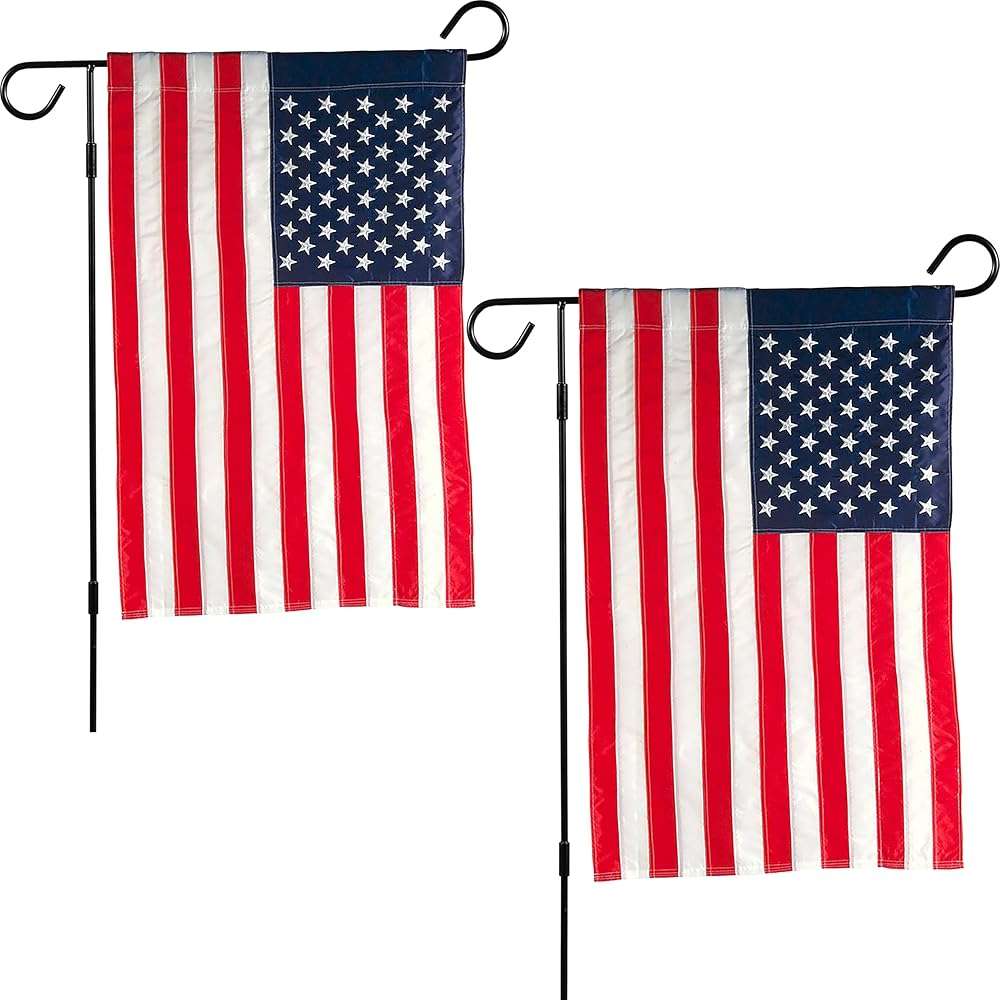 Evergreen 2 pcs American Flags with 2 Flag Stands | Set of 4 | Garden Flags 12x18 Double Sided | Patriotic House Flags For Outside | Small American Flag Garden Size | Embroidered Stars and Stripes | USA Residential or Commercial - Image 1