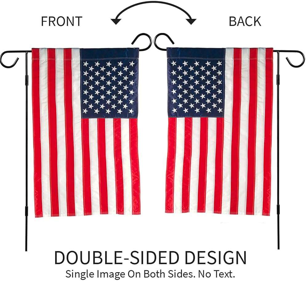 Evergreen 2 pcs American Flags with 2 Flag Stands | Set of 4 | Garden Flags 12x18 Double Sided | Patriotic House Flags For Outside | Small American Flag Garden Size | Embroidered Stars and Stripes | USA Residential or Commercial - Image 4