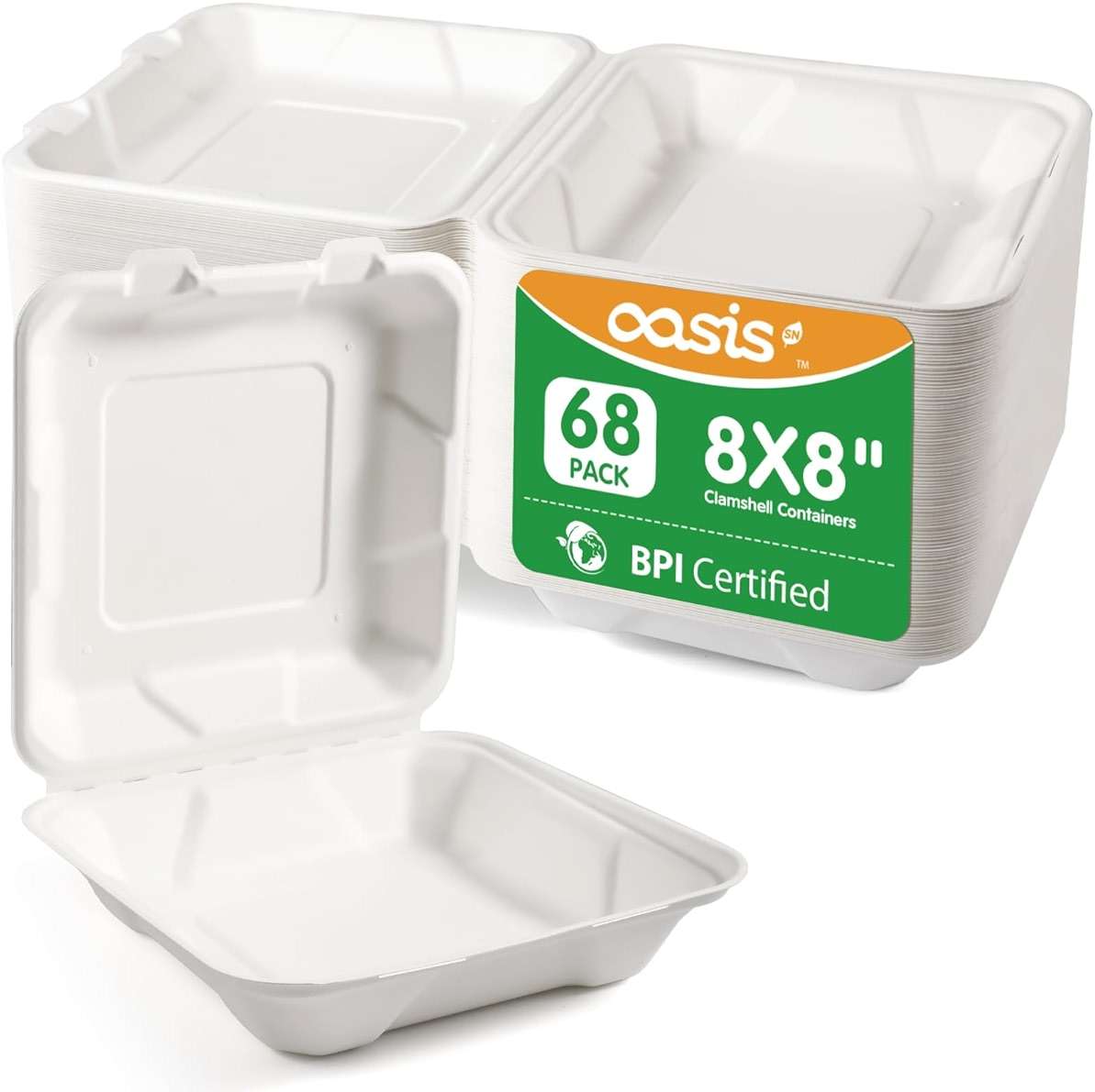 OasisSN 8×8", 68-Pack Disposable Clamshell Take Out Food Containers, Biodegradable Paper To Go Boxes for Burgers, Sandwiches, Fries & More (White) - Image 1