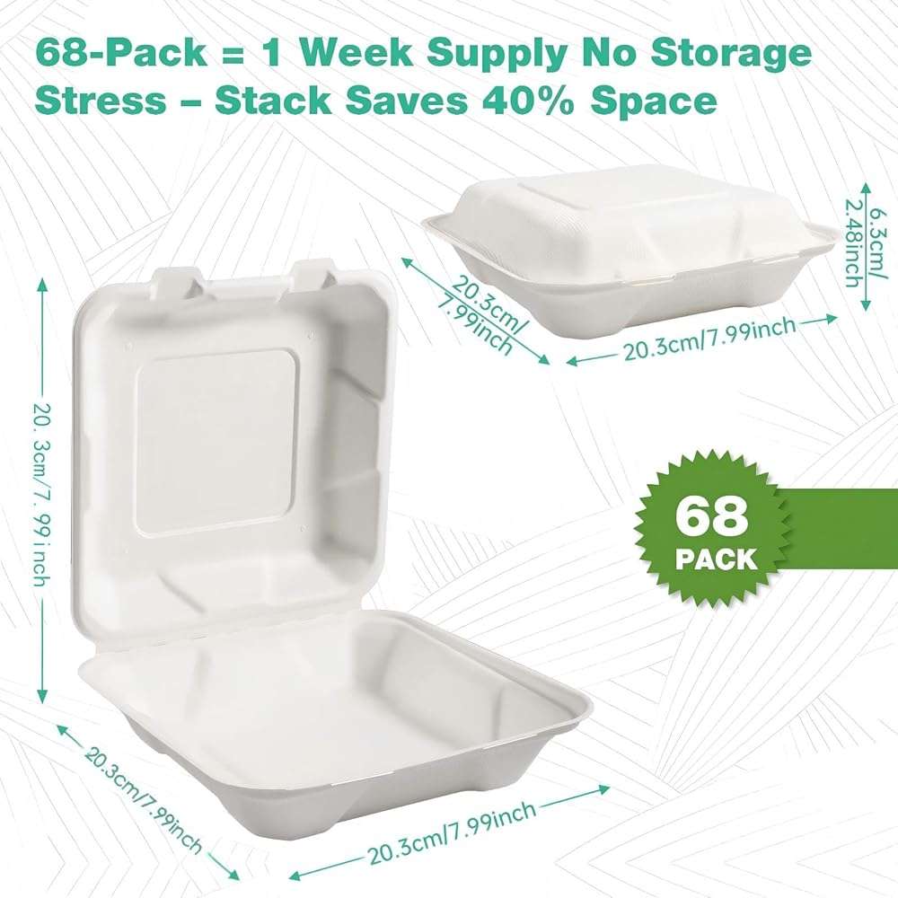 OasisSN 8×8", 68-Pack Disposable Clamshell Take Out Food Containers, Biodegradable Paper To Go Boxes for Burgers, Sandwiches, Fries & More (White) - Image 2