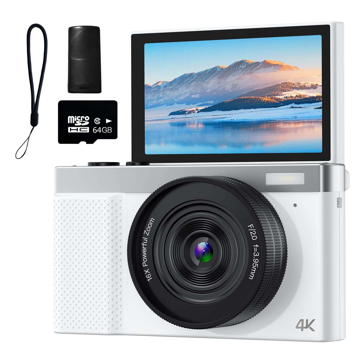 4K Digital Camera, 64MP Vlogging Camera for Photography with 3" 180° Flip Screen, 16X Compact Digital Camera with 64GB Micro SD Card for Beginner (White) - Image 1