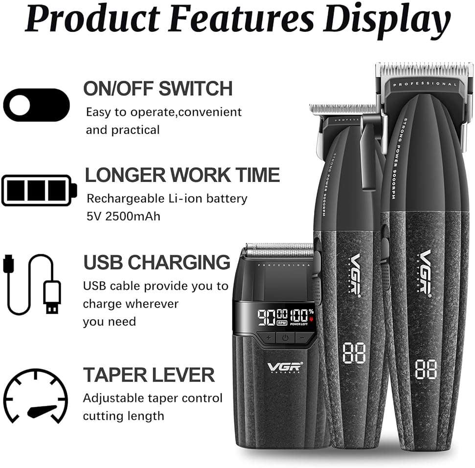 VGR 640S3 Professional 3 in 1 Hair Cutting Kit, 9000RPM Hair Clippers for Men Professional Hair Trimmer & Foil Shavers Set, Cordless Mens Barber Combo for Home, for Him(Black) - Image 2
