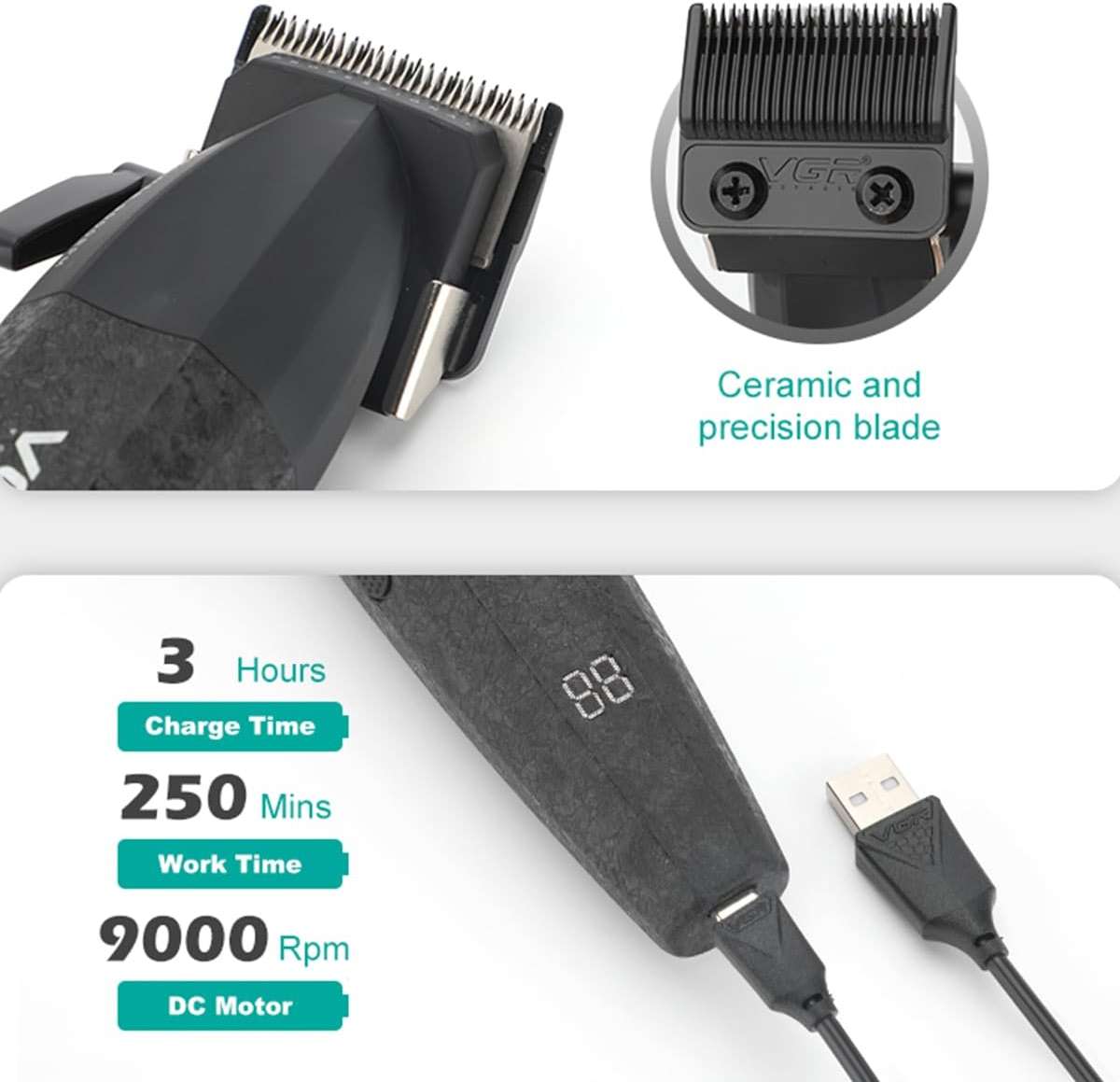 VGR 640S3 Professional 3 in 1 Hair Cutting Kit, 9000RPM Hair Clippers for Men Professional Hair Trimmer & Foil Shavers Set, Cordless Mens Barber Combo for Home, for Him(Black) - Image 7