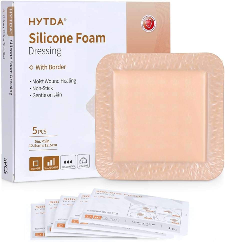 Silicone Foam Dressing with Border, 5"×5"(5 pcs) Gentle Adhesive Foam Dressing for Wound Care,Waterproof,Breathable,Highly Absorbent Silicone Bandage Care for Pressure Sores, Ulcers - Image 1