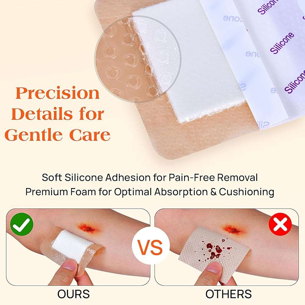 Silicone Foam Dressing with Border, 5"×5"(5 pcs) Gentle Adhesive Foam Dressing for Wound Care,Waterproof,Breathable,Highly Absorbent Silicone Bandage Care for Pressure Sores, Ulcers - Image 5