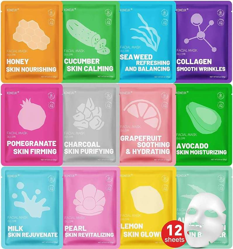 KONEUK 12 Pack Collagen Hydrating Face Masks Skincare, Sheet Face Mask for All Skin Types, Facial Masks Set for Women Skin Care, Face Mask Bulk Spa Gifts for Women - Image 1