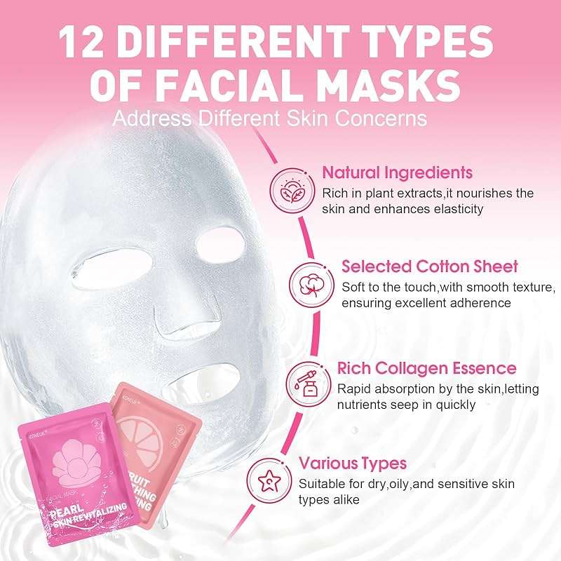 KONEUK 12 Pack Collagen Hydrating Face Masks Skincare, Sheet Face Mask for All Skin Types, Facial Masks Set for Women Skin Care, Face Mask Bulk Spa Gifts for Women - Image 2