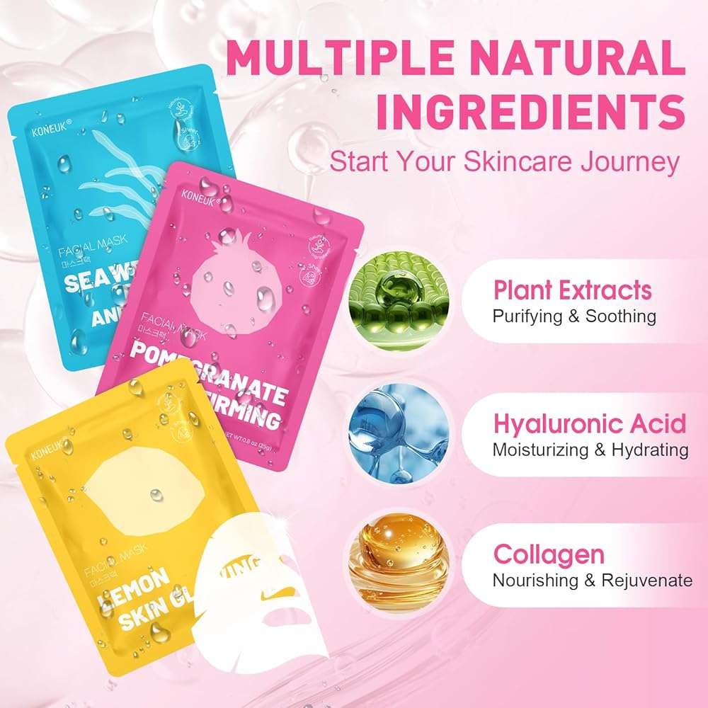 KONEUK 12 Pack Collagen Hydrating Face Masks Skincare, Sheet Face Mask for All Skin Types, Facial Masks Set for Women Skin Care, Face Mask Bulk Spa Gifts for Women - Image 3