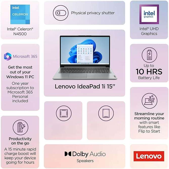 Lenovo IdeaPad 1i Laptop with Office 365 Home and Business • 128GB SSD • 4GB RAM • Intel Core • 14 Anti-Glare Screen • WiFi-6 • 11HR Battery • Windows 11 no Mouse - Image 8