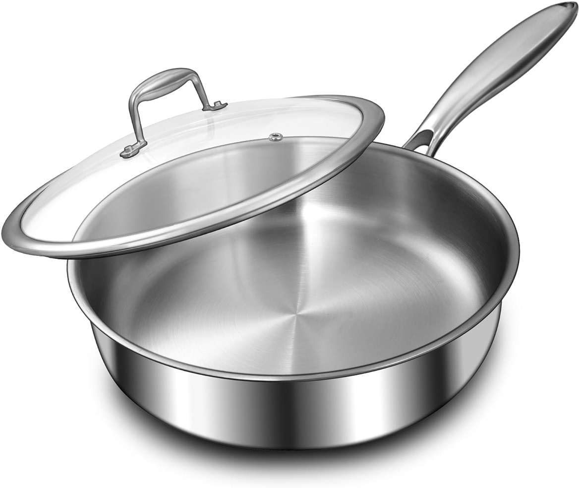 EWFEN 12 Inch Tri-Ply Stainless Steel Frying Pan, Compatible with All Cooktops Up to 600℉, Large Frying Pan with lids, Induction-Ready Skillet, Dishwasher and Oven Safe, Even Heat, 12" Saute Pan+Lid - Image 1