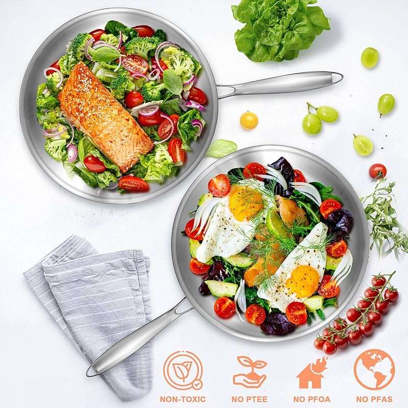 EWFEN 12 Inch Tri-Ply Stainless Steel Frying Pan, Compatible with All Cooktops Up to 600℉, Large Frying Pan with lids, Induction-Ready Skillet, Dishwasher and Oven Safe, Even Heat, 12" Saute Pan+Lid - Image 2