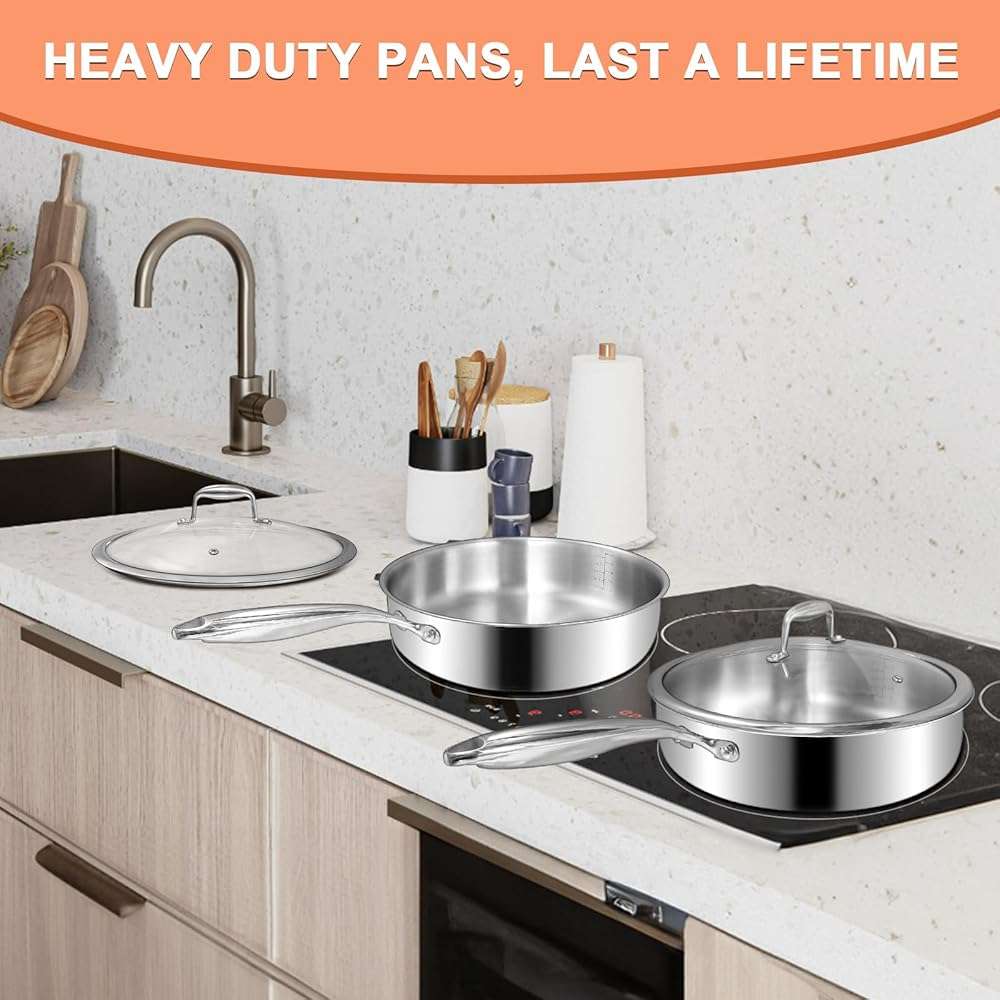 EWFEN 12 Inch Tri-Ply Stainless Steel Frying Pan, Compatible with All Cooktops Up to 600℉, Large Frying Pan with lids, Induction-Ready Skillet, Dishwasher and Oven Safe, Even Heat, 12" Saute Pan+Lid - Image 5