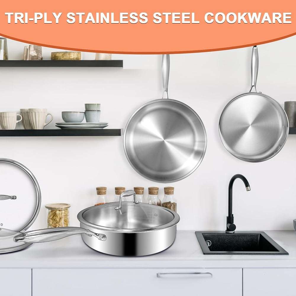 EWFEN 12 Inch Tri-Ply Stainless Steel Frying Pan, Compatible with All Cooktops Up to 600℉, Large Frying Pan with lids, Induction-Ready Skillet, Dishwasher and Oven Safe, Even Heat, 12" Saute Pan+Lid - Image 7
