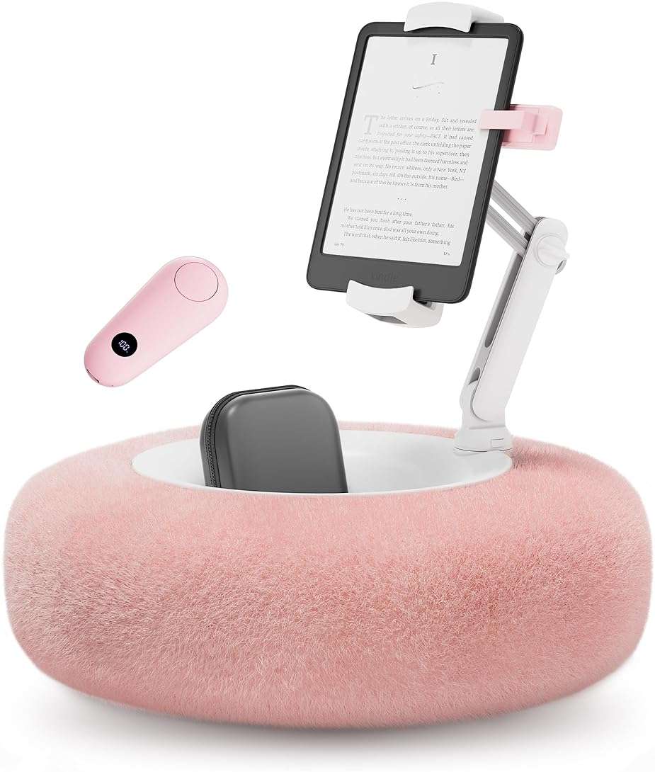 VOLTIFYMAX Tablet Pillow Stand with Kindle Page Turner for Reading in Bed, 360°Adjustable iPad Holder with Snack Bowl, ComPatible with 4.7''-13''Kindle Accessories/Paperwhite/iPad/iPhone/Samsung, Pink - Image 1