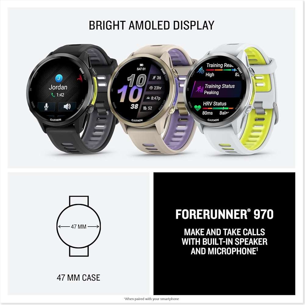 Garmin® Forerunner® 970, Premium GPS Running and Triathlon Smartwatch, AMOLED Display, Built-in LED Flashlight, Carbon Gray DLC Titanium with Black Case and Translucent Whitestone Band - Image 7