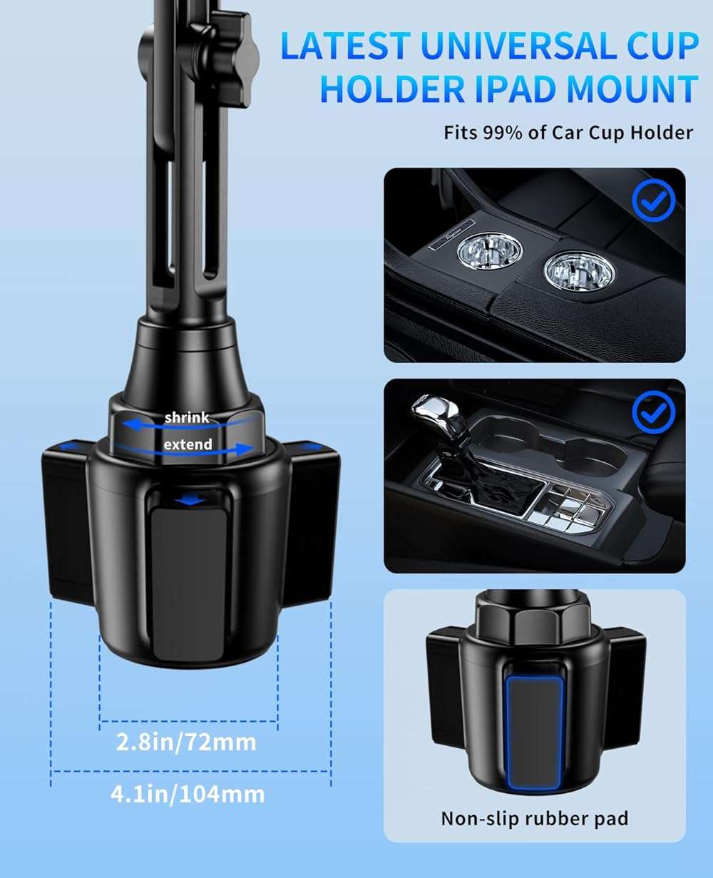 Tablet Holder for Car, Car Cup iPad Holder Mount, [Upgraded Version] Universal Cup Cradle, Long Adjustable Neck, for 4.7-13 Cell Tablet/Phone Stand for iPad, iPhone, Galaxy, Google, Switch and more - Image 3