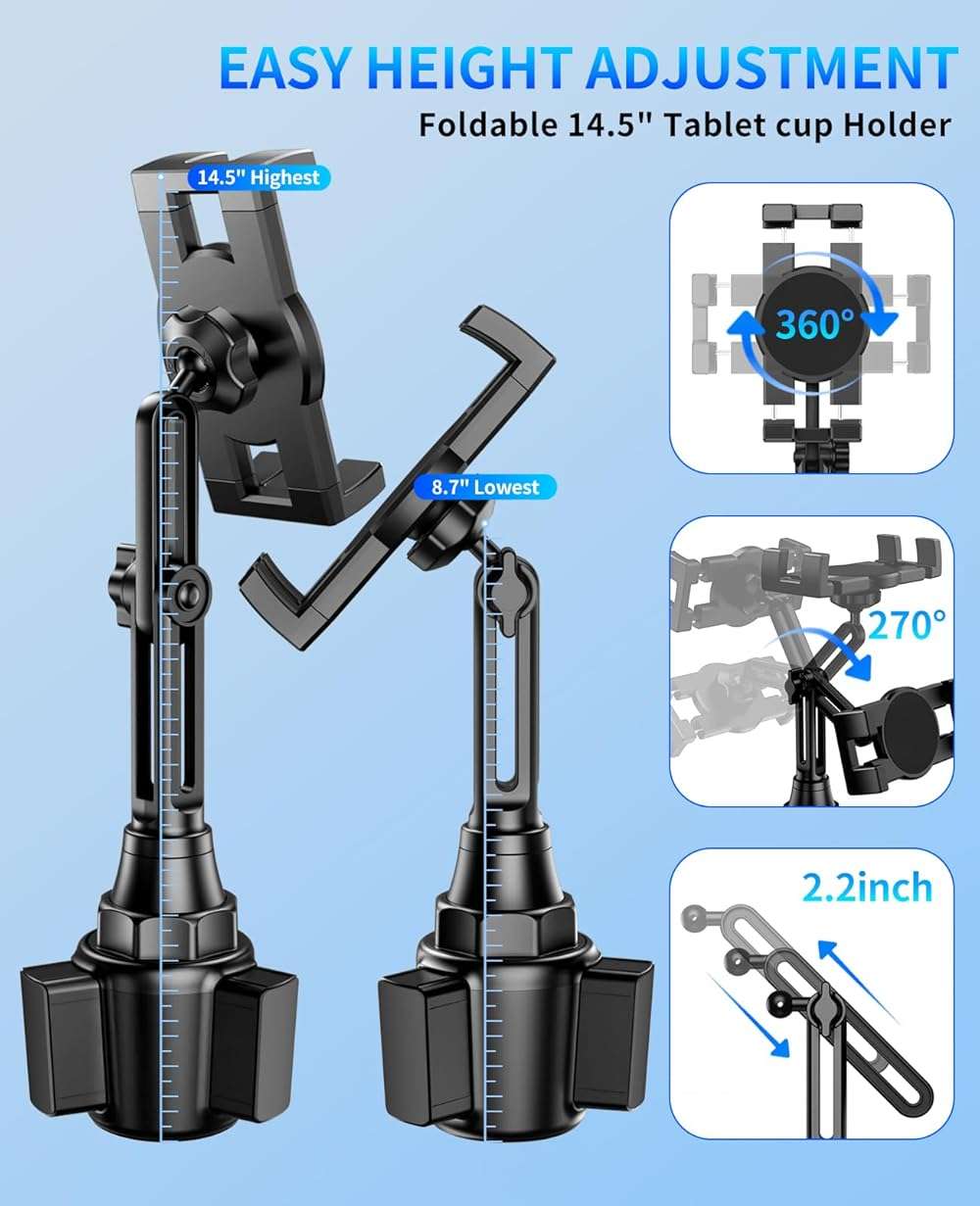 Tablet Holder for Car, Car Cup iPad Holder Mount, [Upgraded Version] Universal Cup Cradle, Long Adjustable Neck, for 4.7-13 Cell Tablet/Phone Stand for iPad, iPhone, Galaxy, Google, Switch and more - Image 4