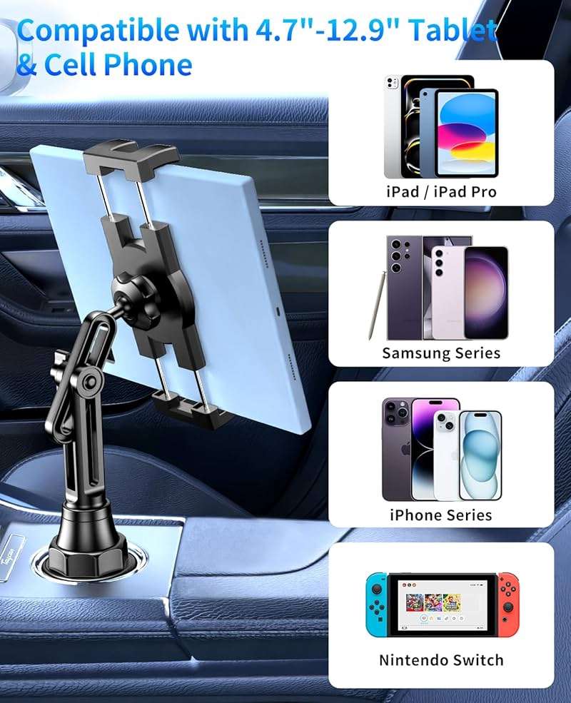 Tablet Holder for Car, Car Cup iPad Holder Mount, [Upgraded Version] Universal Cup Cradle, Long Adjustable Neck, for 4.7-13 Cell Tablet/Phone Stand for iPad, iPhone, Galaxy, Google, Switch and more - Image 6