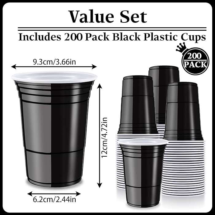 Gabotrie 200 Pack Plastic Cups, 16 oz Black Disposable Cups, Stackable Beverage Plastic Cup Bulk for Party, Heavy Duty Drinking Party Cup for Wedding Birthday Picnic (Black) - Image 3