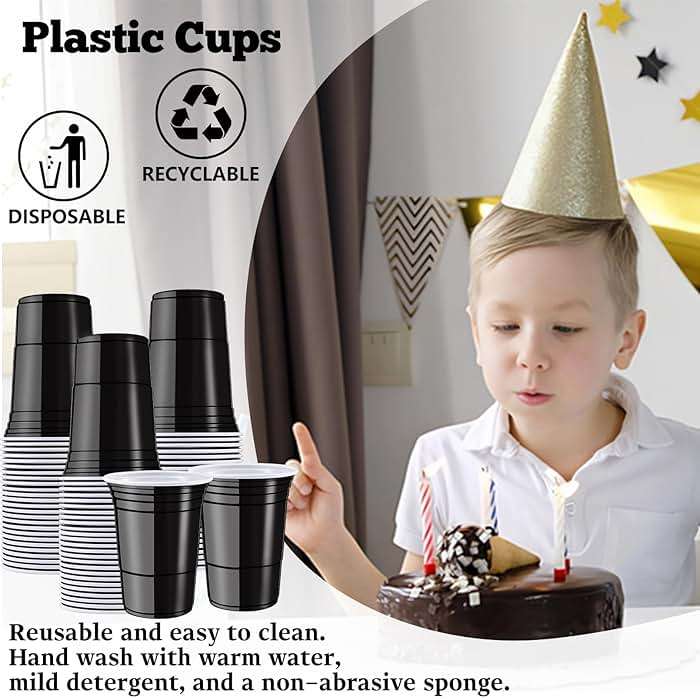 Gabotrie 200 Pack Plastic Cups, 16 oz Black Disposable Cups, Stackable Beverage Plastic Cup Bulk for Party, Heavy Duty Drinking Party Cup for Wedding Birthday Picnic (Black) - Image 6
