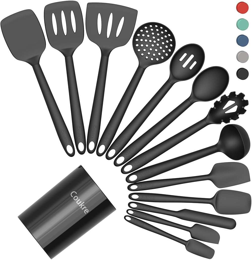 Coukre Silicone Kitchen Cooking Utensils Set with Holder – Heat-Resistant, Food-Grade Kitchen Tools, Spatula, Spoon & Gadgets for Non-Stick Pans, Dishwasher Safe (14, PureBlack) - Image 1