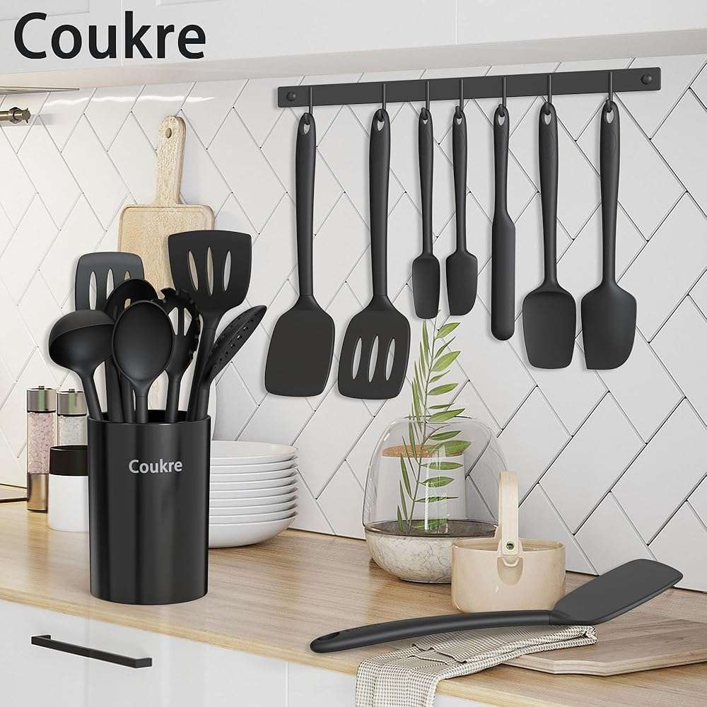 Coukre Silicone Kitchen Cooking Utensils Set with Holder – Heat-Resistant, Food-Grade Kitchen Tools, Spatula, Spoon & Gadgets for Non-Stick Pans, Dishwasher Safe (14, PureBlack) - Image 2