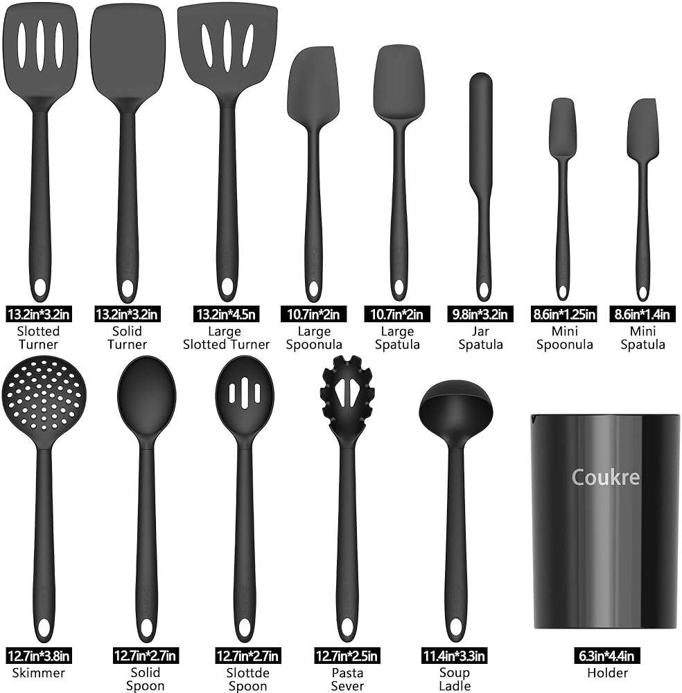 Coukre Silicone Kitchen Cooking Utensils Set with Holder – Heat-Resistant, Food-Grade Kitchen Tools, Spatula, Spoon & Gadgets for Non-Stick Pans, Dishwasher Safe (14, PureBlack) - Image 3