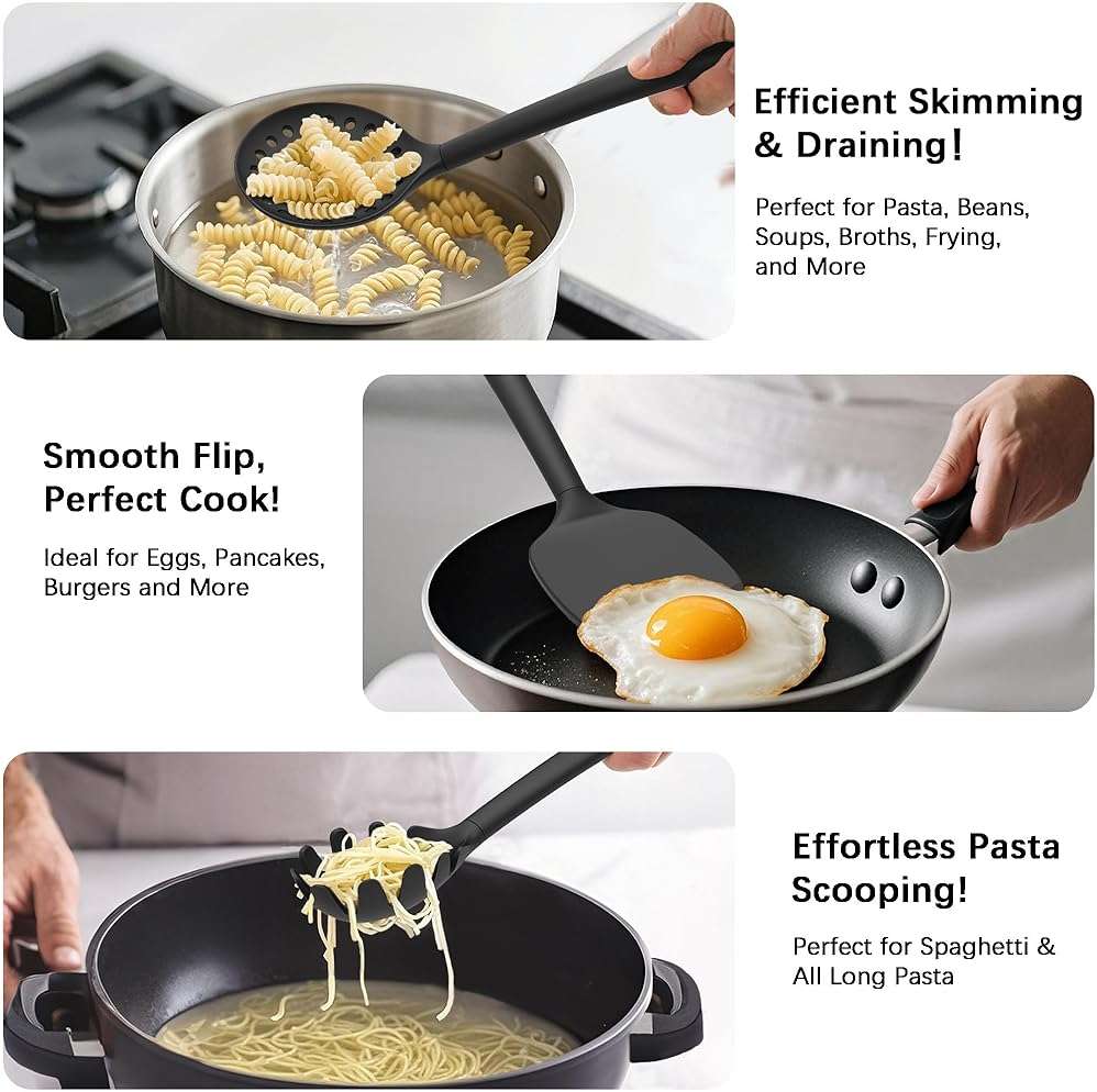 Coukre Silicone Kitchen Cooking Utensils Set with Holder – Heat-Resistant, Food-Grade Kitchen Tools, Spatula, Spoon & Gadgets for Non-Stick Pans, Dishwasher Safe (14, PureBlack) - Image 4