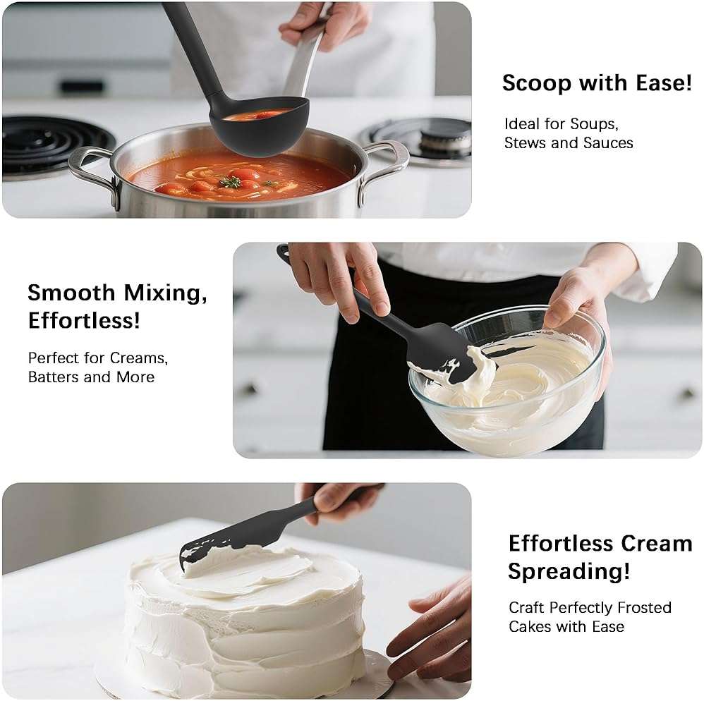 Coukre Silicone Kitchen Cooking Utensils Set with Holder – Heat-Resistant, Food-Grade Kitchen Tools, Spatula, Spoon & Gadgets for Non-Stick Pans, Dishwasher Safe (14, PureBlack) - Image 5