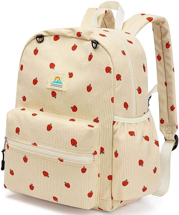 STEAMEDBUN Corduroy Kids Backpack for Girls and Boys 5-8: Girls Backpack for Elementary Kindergarten - 15 inch Cute Backpacks for Kids - Strawberry - Image 1
