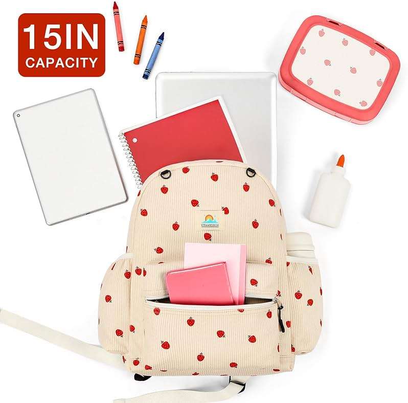 STEAMEDBUN Corduroy Kids Backpack for Girls and Boys 5-8: Girls Backpack for Elementary Kindergarten - 15 inch Cute Backpacks for Kids - Strawberry - Image 8