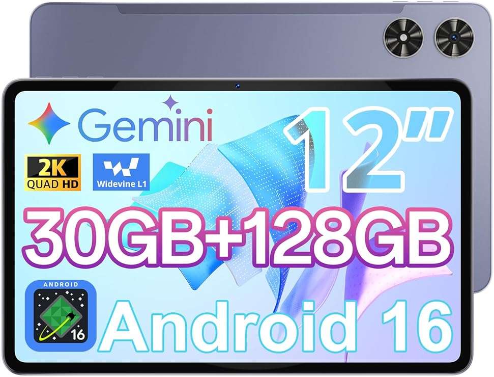 Tablet 12 Inch Android 16 Tablet, Octa-Core Processor | 𝟑𝟎𝐆𝐁 𝐑𝐀𝐌 𝟏𝟐𝟖𝐆𝐁 𝐑𝐎𝐌, 2000 * 1200 FHD IPS Screen, 8800mAh Battery, 5MP+13MP Camera, 2.4G/5G WiFi, BT 5.0, GPS - Image 1