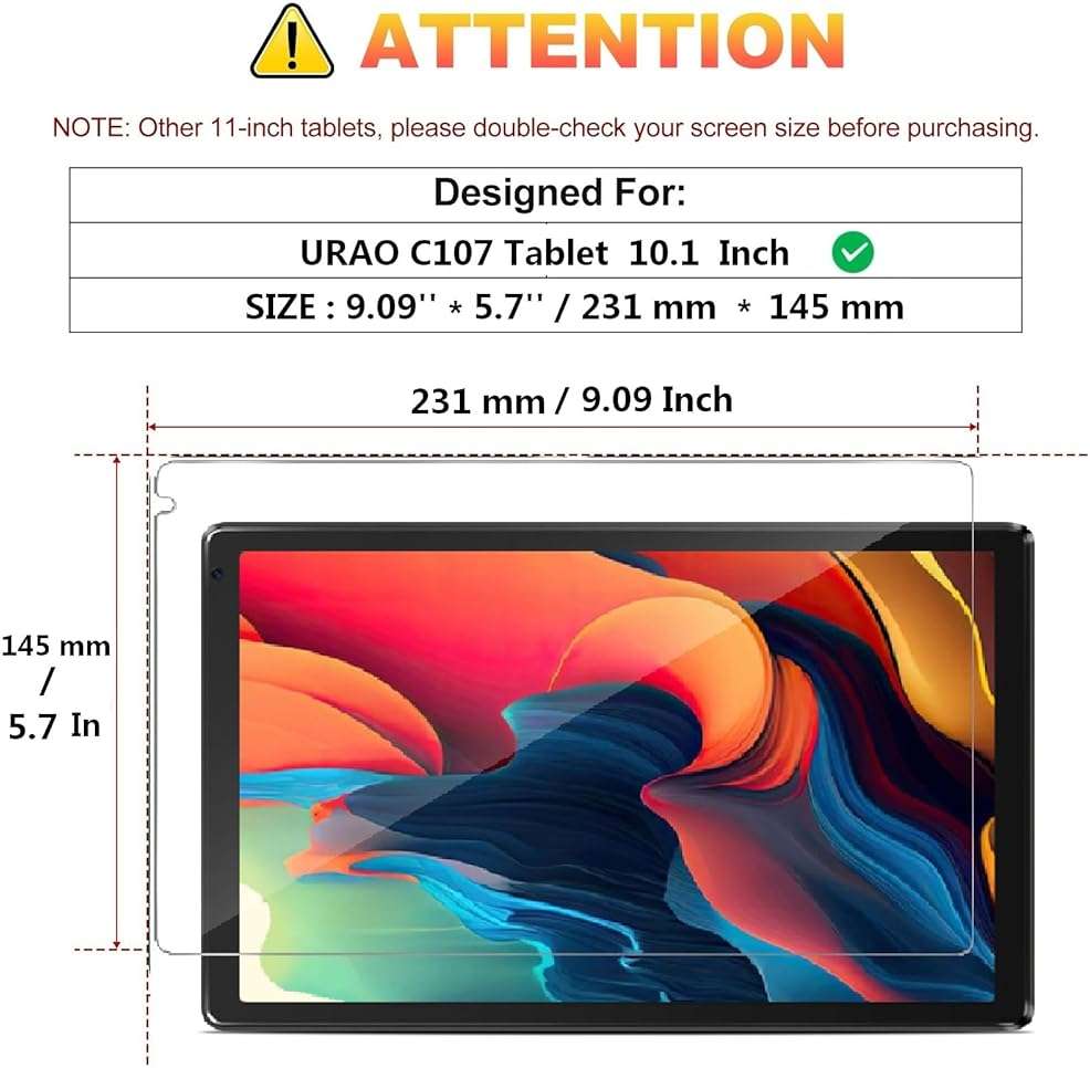 XunyLyee for URAO C107 Tablet 10.1 Inch Android 15 Screen Protector, 9H Hardness, Anti-Scratch,10.1 Inch Android 16 15 14 Upgraded Tablet Tempered Glass, [9.09'' x 5.70'', 231mm x 145mm], 2 Pack - Image 2