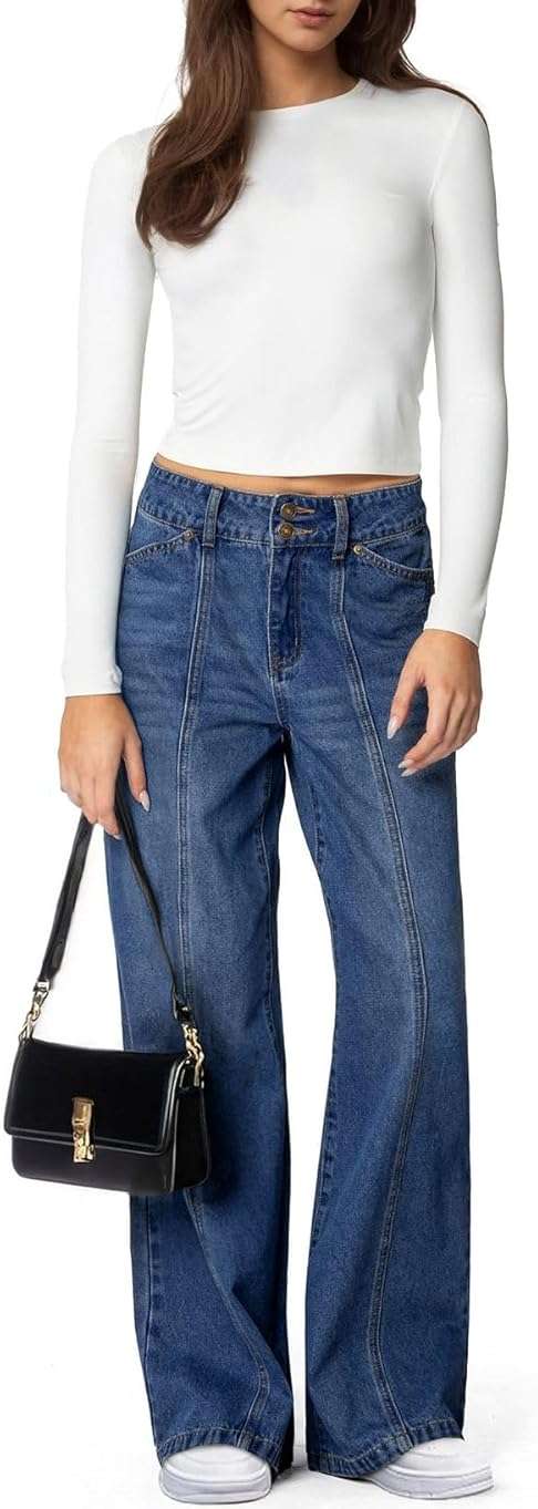 Sidefeel Women's Wide Leg Jeans High Waisted Stretchy Straight Leg Jeans Trendy Seamed Front Loose Denim Pants - Image 3